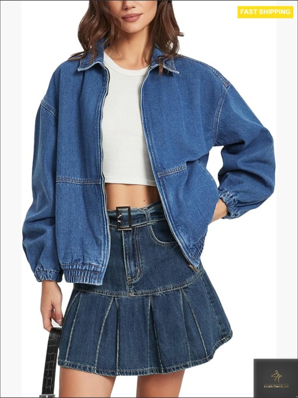 Oversized Denim Jacket Zip Up Bomber Style Loose Fit Casual Classic Crop Jean